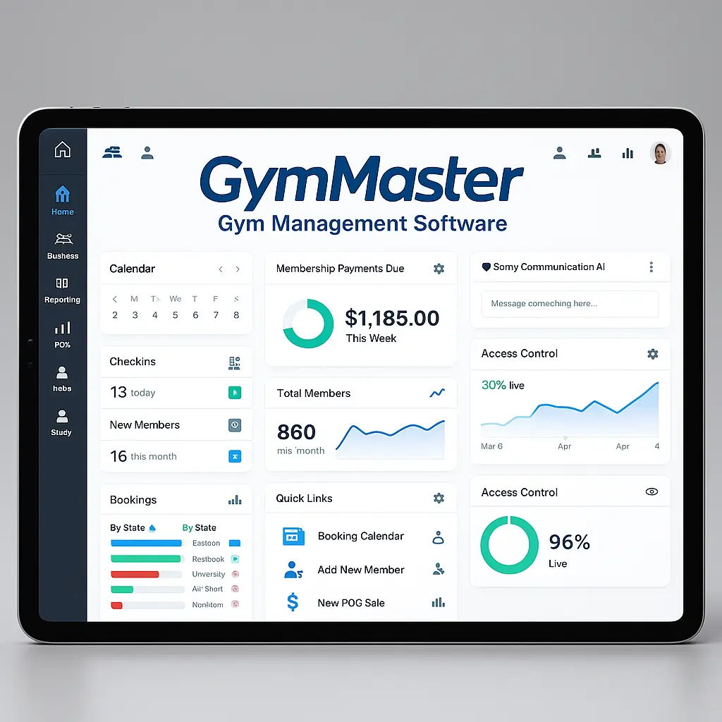 GymMaster gym management software dashboard displayed on iPad with features