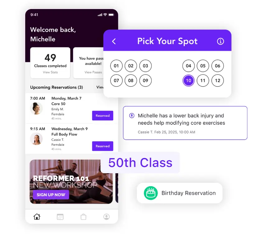 Xplor Mariana Tek mobile app interface showing booking, pick your spot, and milestone tracking features for boutique fitness studios