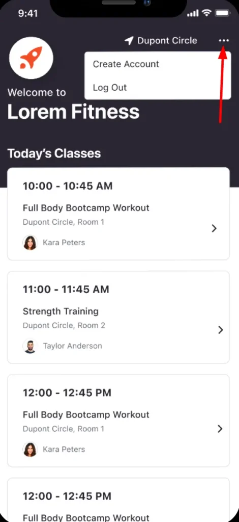 Xplor Mariana Tek class booking interface for bootcamp and strength training sessions
