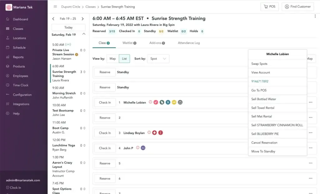 Fitness studio management software interface by Mariana Tek with reservations and attendance tracking