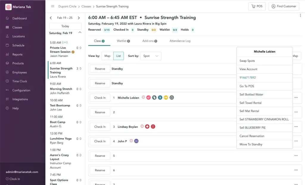 Mariana Tek class scheduling dashboard for fitness studios