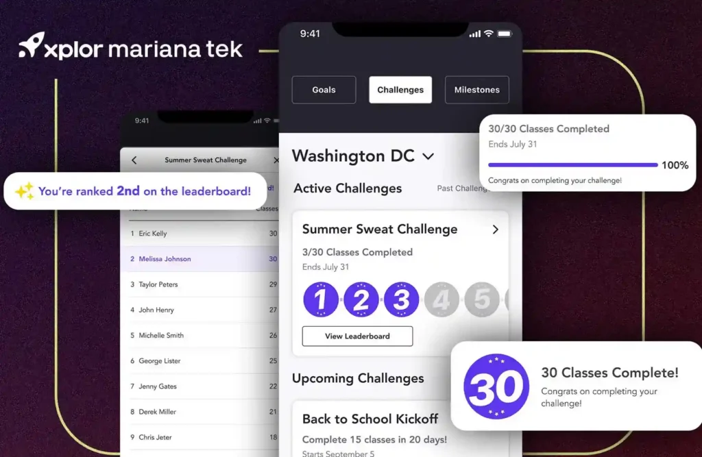 Mariana Tek app gamification dashboard with fitness challenges and leaderboard