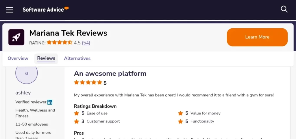User feedback and ratings for Mariana Tek software on Software Advice
