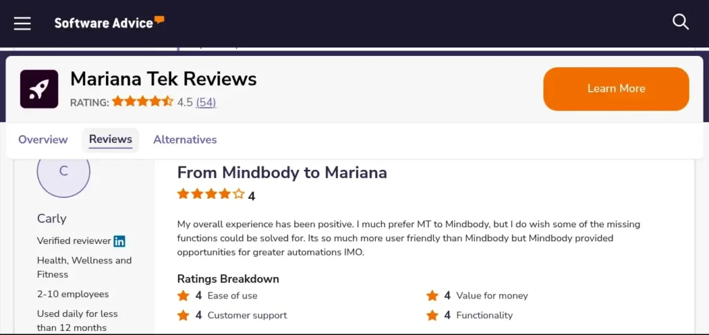 Mariana Tek customer reviews on Software Advice showing user ratings