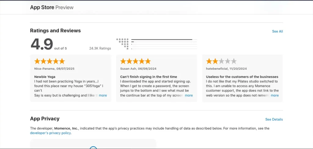Momence app store reviews with 4.9 rating and user feedback