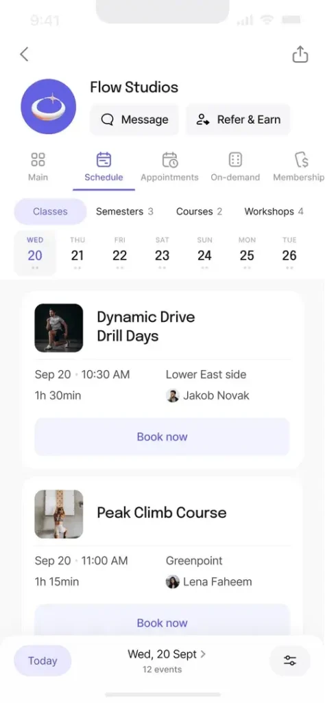 Momence App Reviews: class booking app interface 2025 showing fitness studio schedule, client reservations and trainer-led sessions