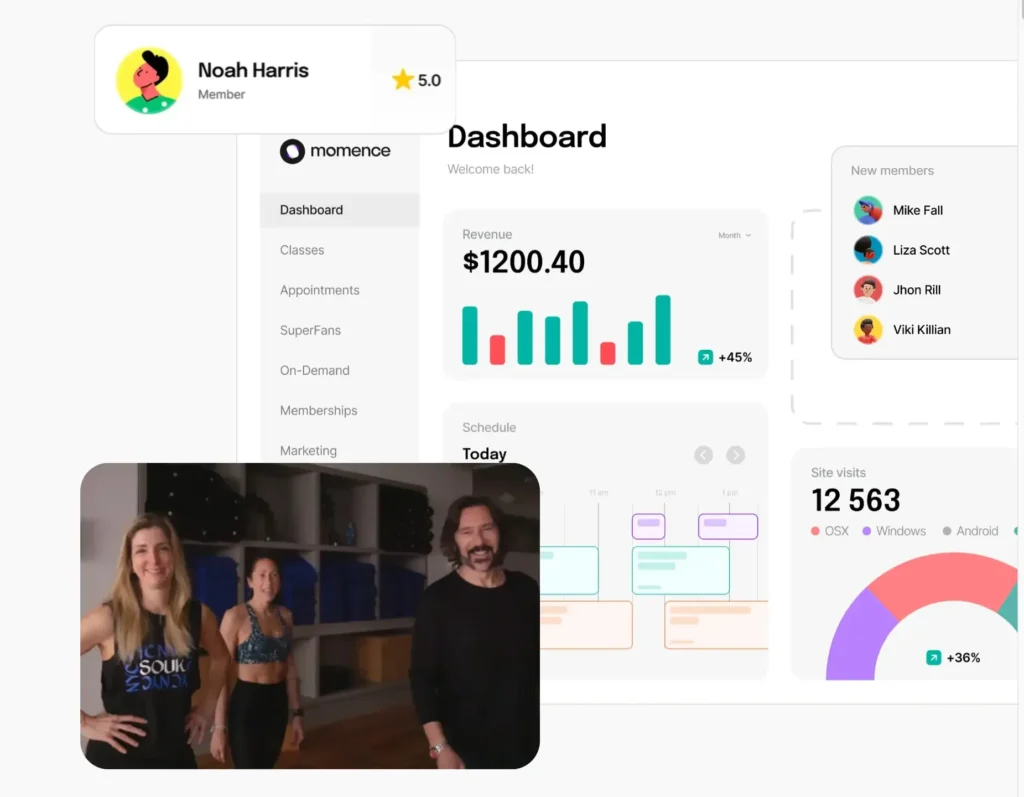 Momence app interface combining client engagement, new members and business growth analytics