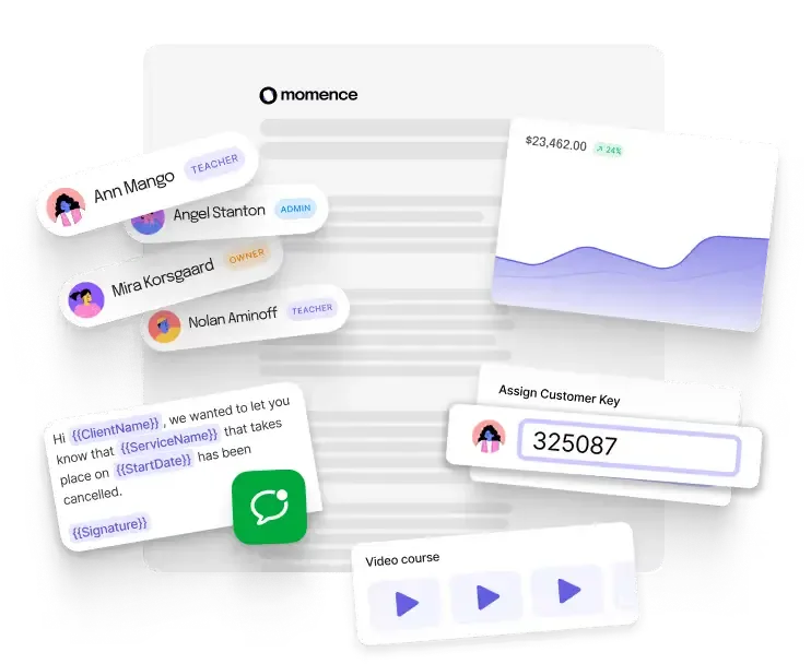 Momence app interface showing analytics, messaging and client management system