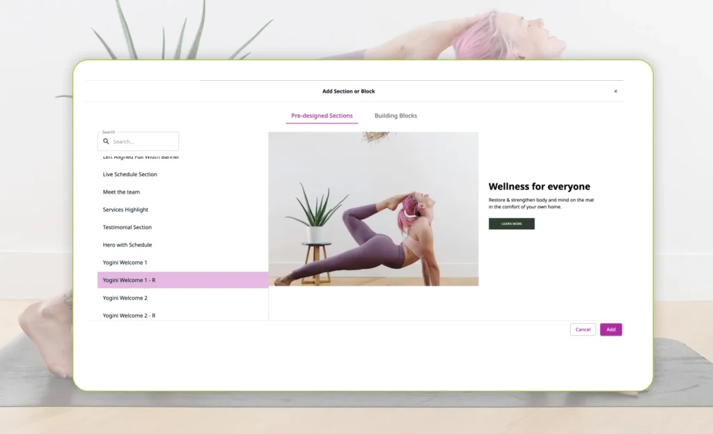 OfferingTree website builder with yoga branding and pre-designed wellness templates