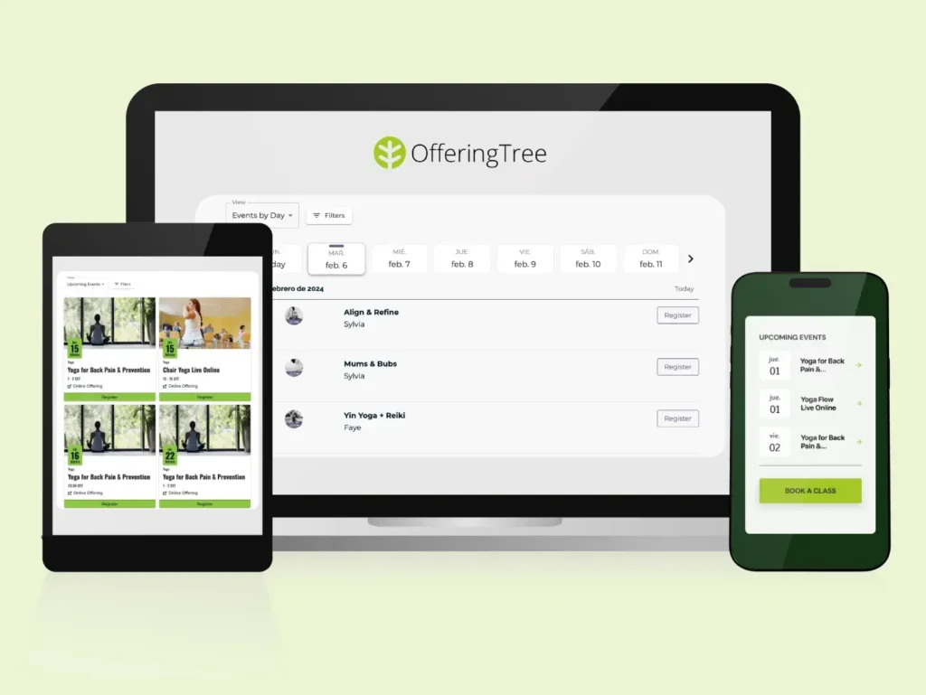 OfferingTree scheduling and booking software for yoga and fitness classes on laptop, tablet, and mobile