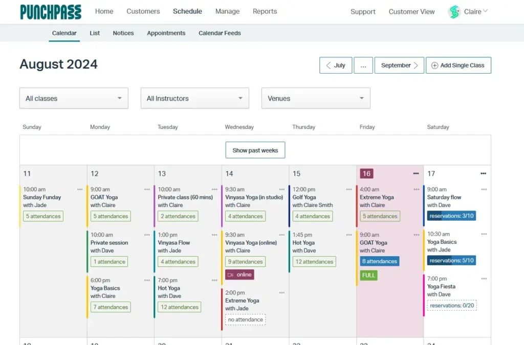 Punchpass weekly calendar view with detailed yoga and fitness class schedule, showing instructor names, attendance tracking, and reservation status on a modern desktop dashboard.