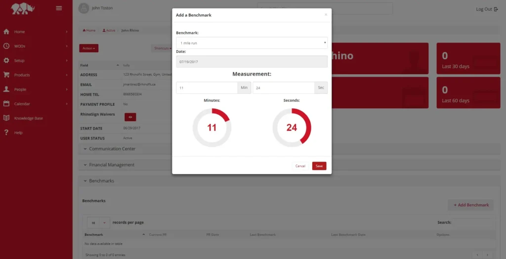 RhinoFit dashboard showing benchmark tracking and performance measurement for gym members