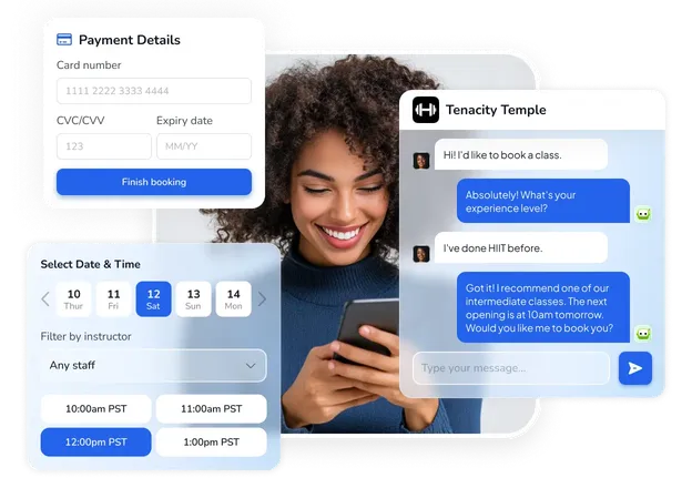 Booking classes and processing payments in WellnessLiving app with chat integration

