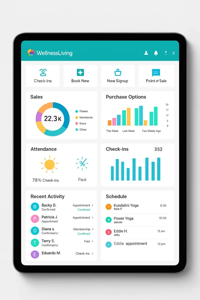WellnessLiving iPad dashboard highlighting sales analytics attendance and booking tools