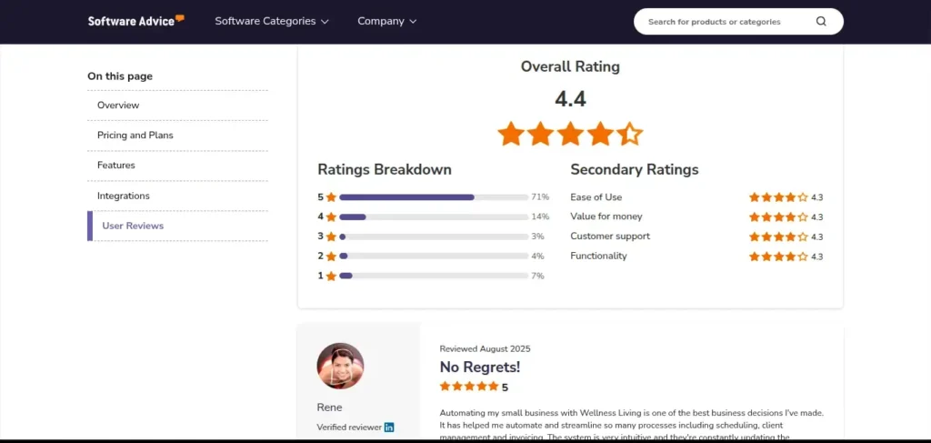 WellnessLiving Software Advice overall rating 4.4 with user reviews breakdown