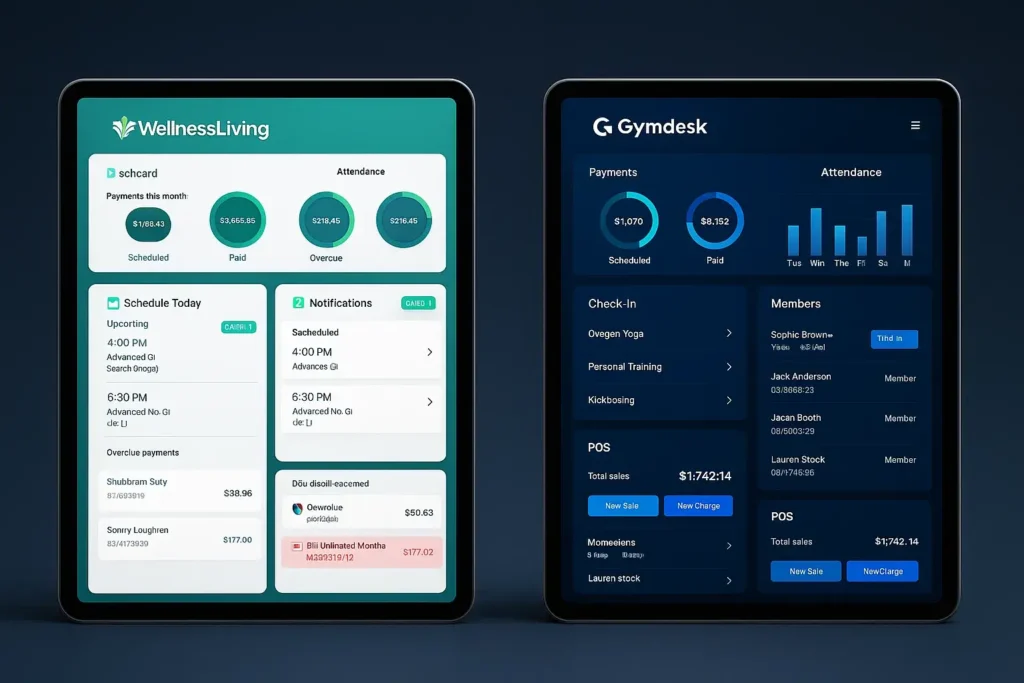 Comparison of WellnessLiving and Gymdesk dashboards highlighting unique fitness management features