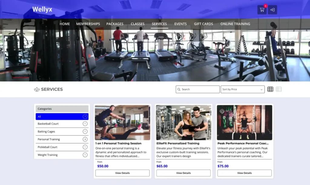 Wellyx fitness software showing gym class scheduling and personal training dashboard