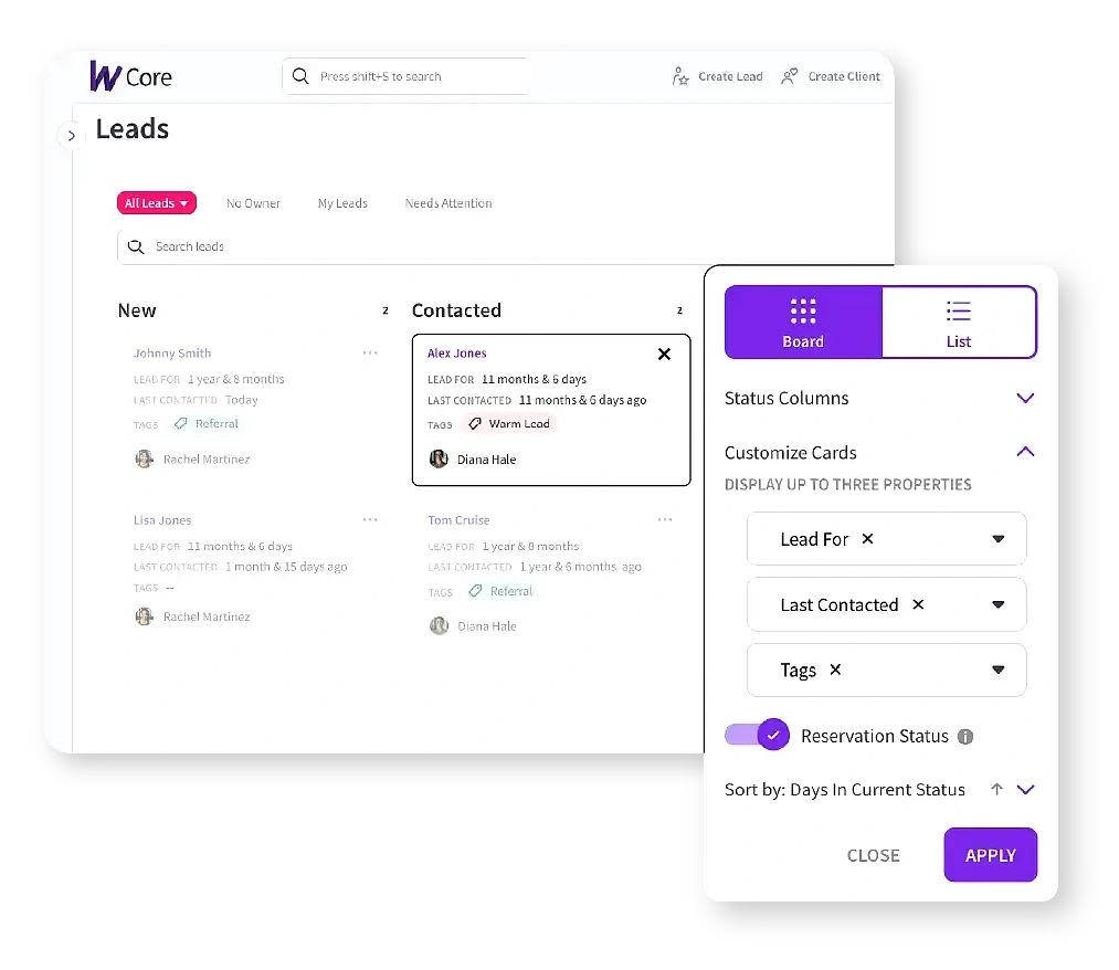 Wodify Core leads dashboard showing CRM board and list view with customizable filters