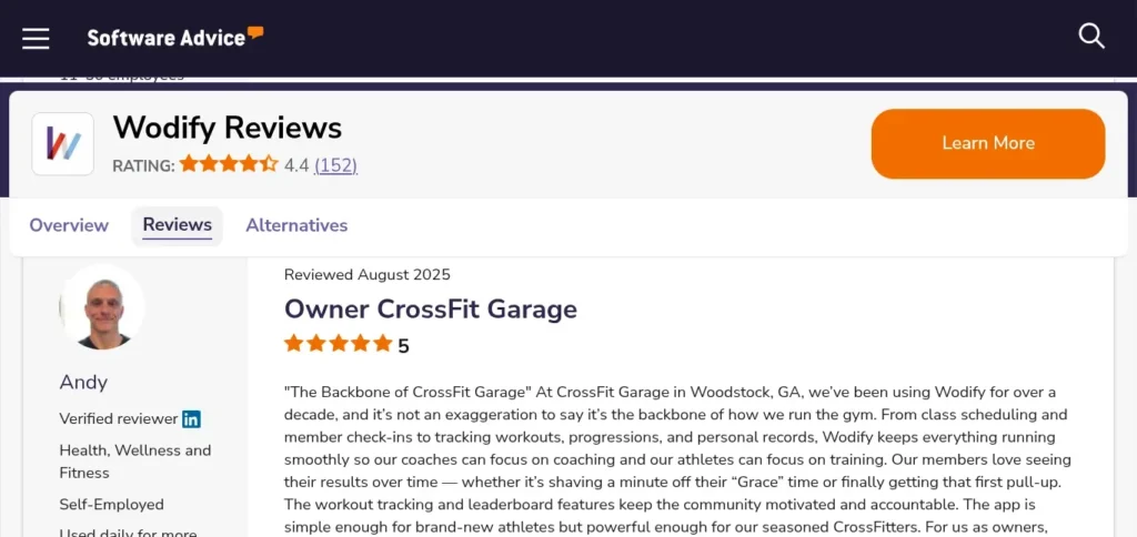 "Software Advice Wodify review from Andy, owner of CrossFit Garage in Woodstock, GA, giving a verified five-star rating after more than a decade of using Wodify for class scheduling, workout tracking, and member check-ins.