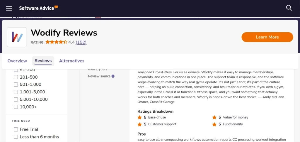 Wodify review screenshot highlighting Andy from CrossFit Garage awarding five stars across ease of use, value for money, customer support, and functionality, showing how the software drives consistency and results for gyms.
