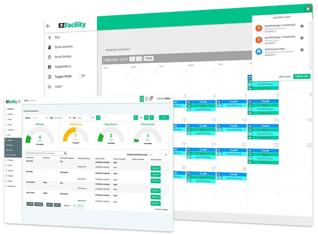 EZFacility gym management software dashboard showing session calendar, member check-ins, and analytics for fitness studios