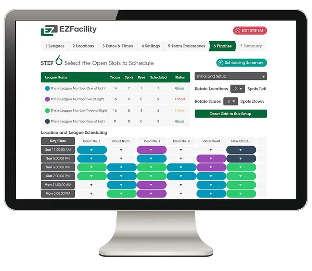 EZFacility sports league scheduling dashboard showing team rotation, location management, and match grid setup for sports facilities