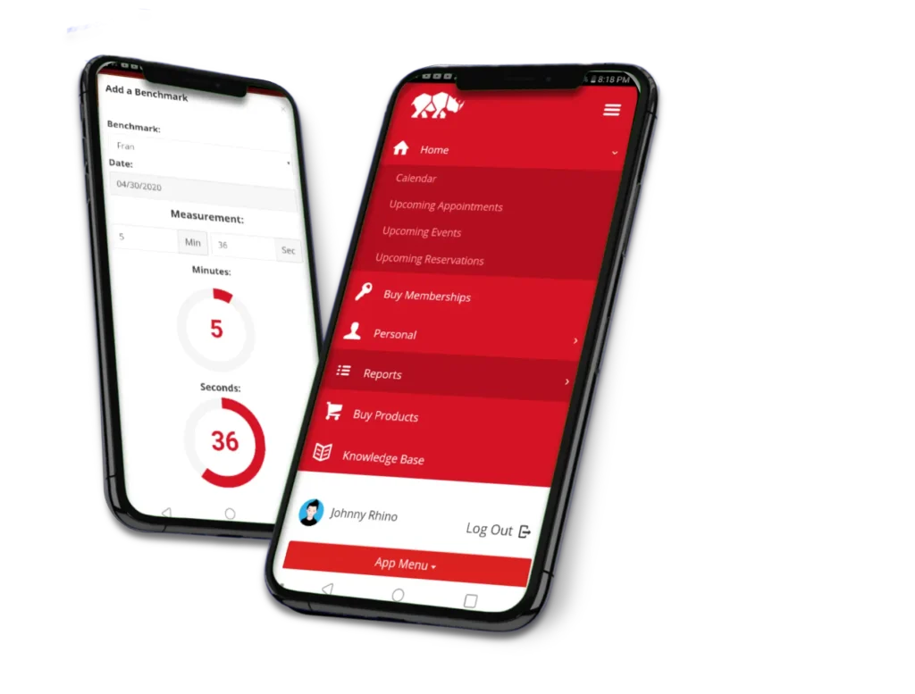 RhinoFit gym management mobile app showing scheduling and performance tracking dashboard
