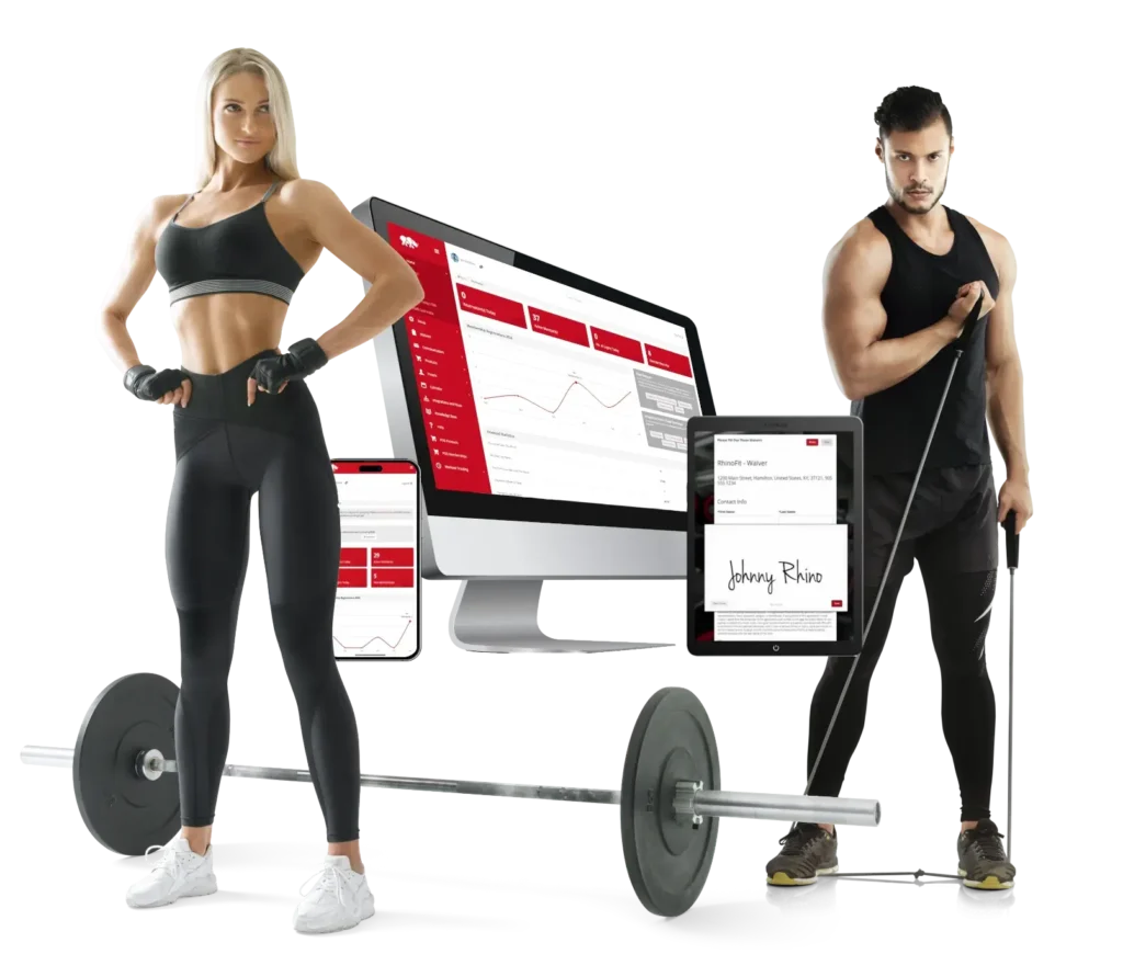 RhinoFit gym software dashboard displayed on multiple devices with athletes