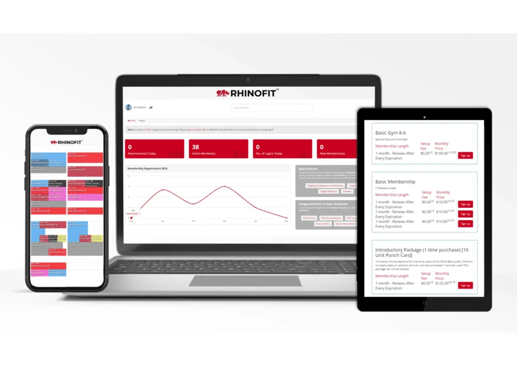 RhinoFit gym management software dashboard displayed on laptop, tablet, and mobile devices