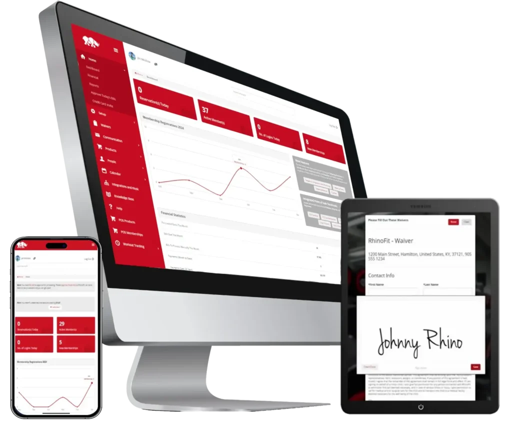 RhinoFit gym management software dashboard displayed on desktop, tablet, and mobile devices