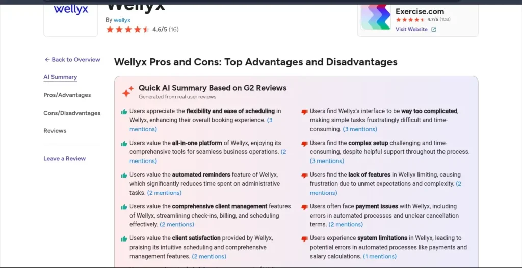 Wellyx G2 user reviews showing pros, cons, and user feedback on gym management software performance
