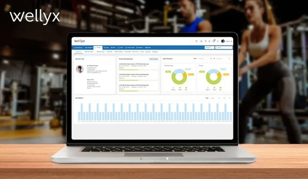 Wellyx gym management dashboard on laptop showing membership analytics and sales reports inside a modern fitness center
