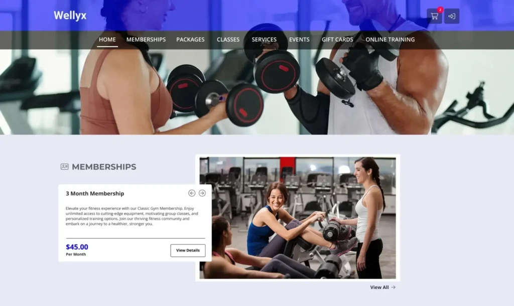 Online booking system for health clubs using Wellyx software showing memberships and training packages on website interface
