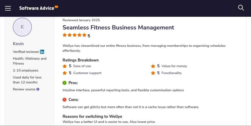 Wellyx Software Advice review highlighting 5-star ratings for usability, functionality, and customer support.”