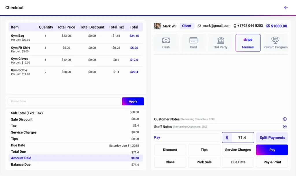 Wellyx gym billing and POS dashboard showing checkout screen with product list, payment methods, and customer details