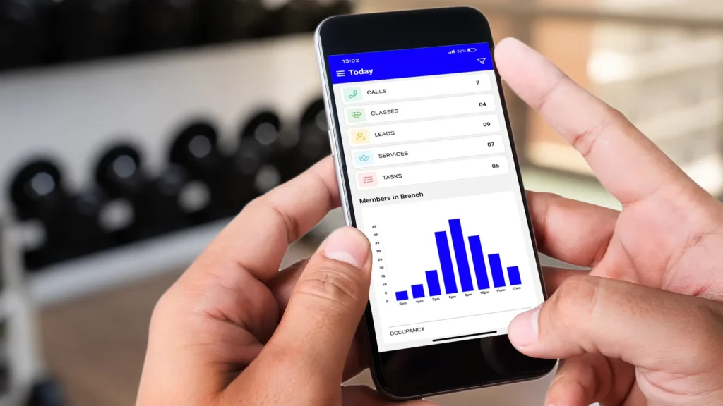 Wellyx gym mobile app showing daily performance dashboard with calls, classes, leads, and member activity analytics on smartphone screen