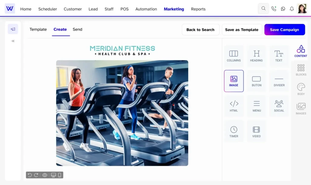 Wellyx health club marketing software dashboard showing campaign creation and automation tools for fitness businesses