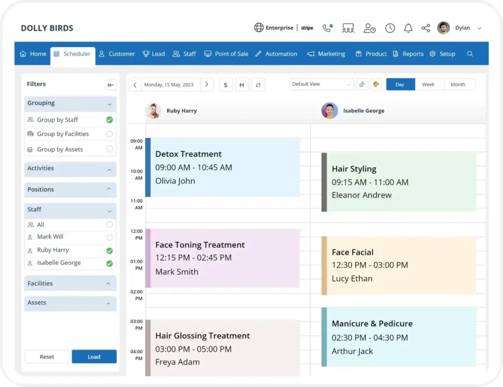 Wellyx salon and spa booking dashboard showing daily schedule, staff filters, and client appointments for better business management