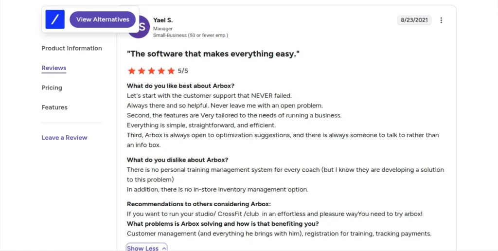 Five-star Arbox software feedback emphasizing customer service experience