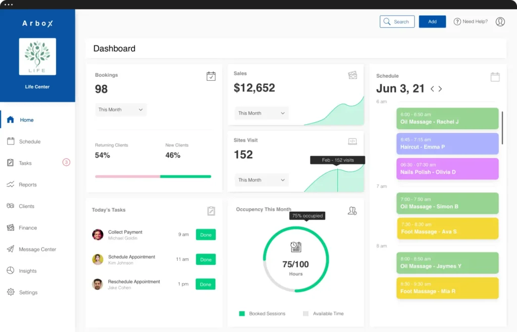 Arbox dashboard displaying booking volume, sales analytics, client performance, and daily schedule for fitness and wellness businesses.