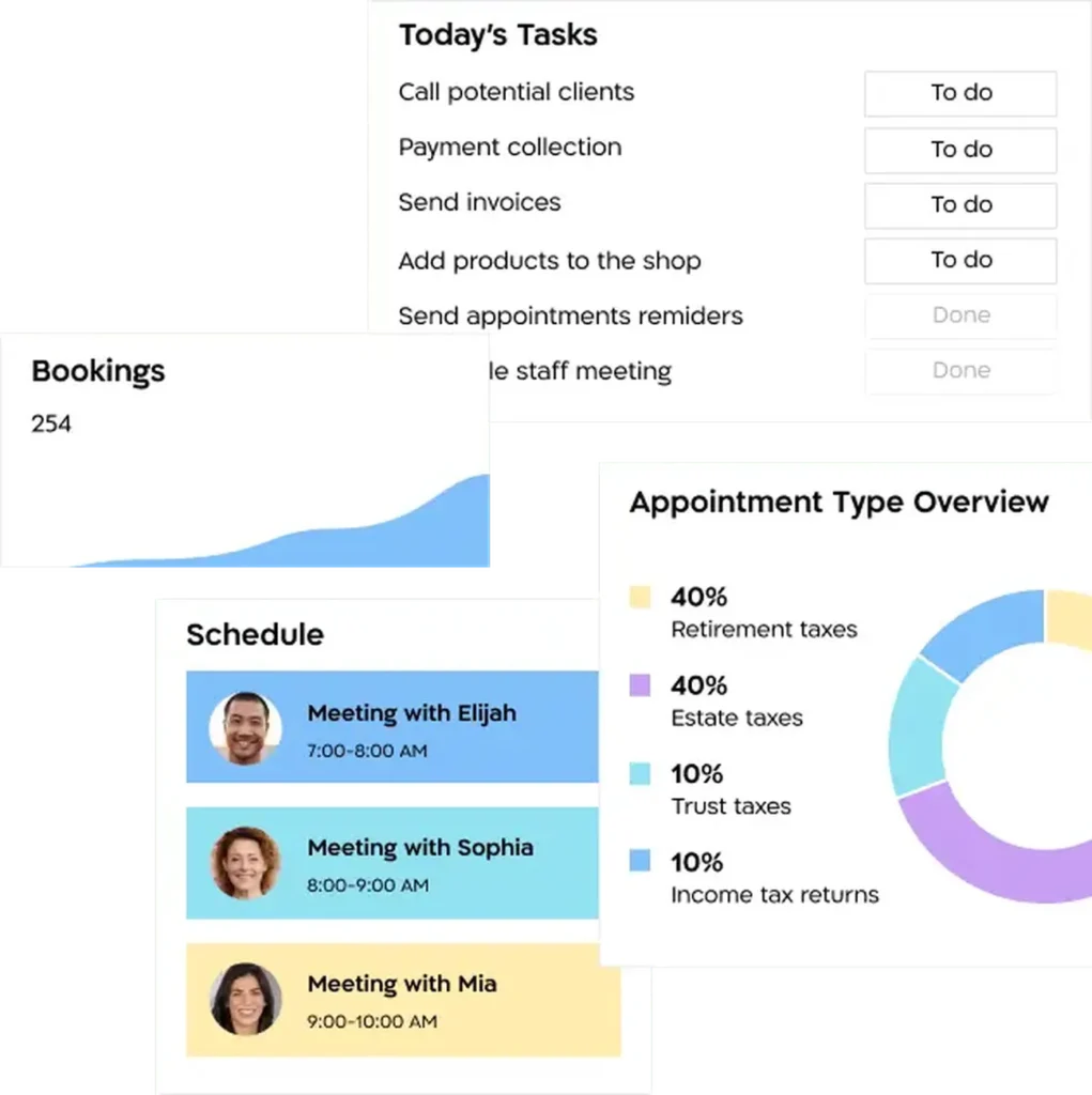 Arbox Manage dashboard with schedule, tasks, bookings and appointment analytics