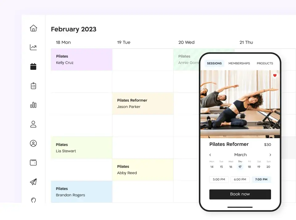 Arbox Pilates class scheduling and booking system interface showing group sessions and mobile booking view.