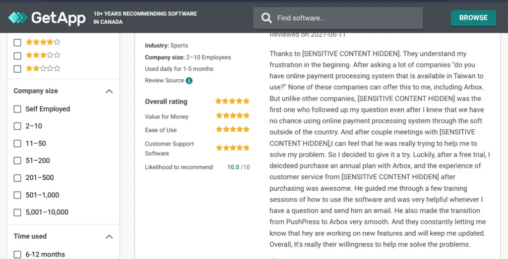 Detailed customer review of Arbox software highlighting excellent support and satisfaction rating