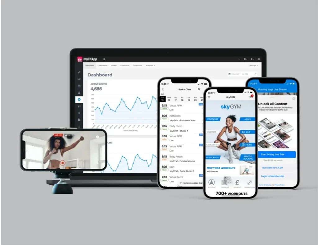 ClubReady gym management platform image with dashboard and mobile app