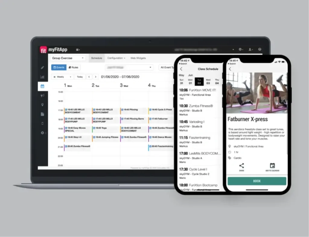 clubready software image showing class schedule on laptop and mobile