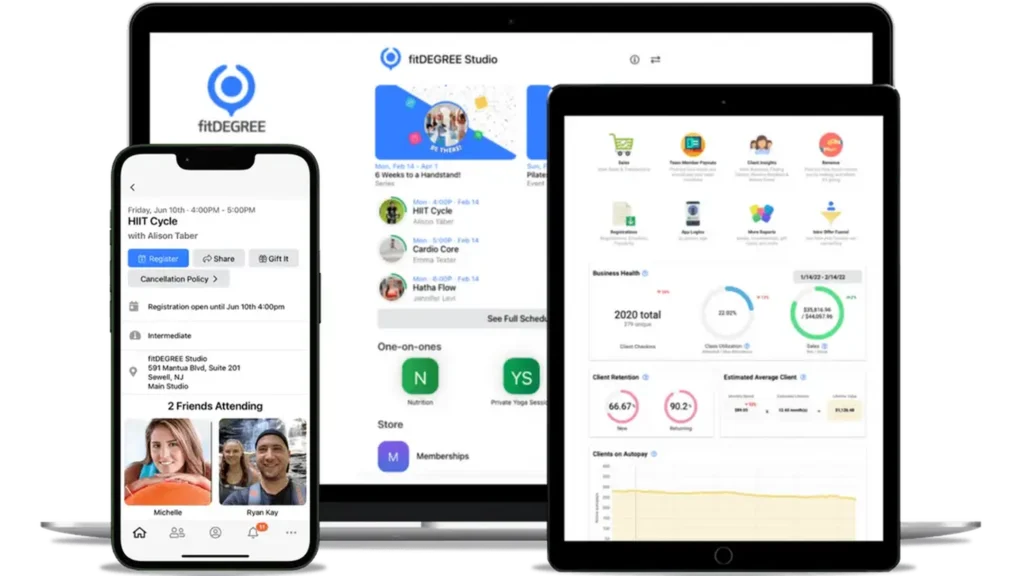 fitDEGREE fitness studio software interface displayed on mobile, tablet, and laptop showing class bookings, schedule management, and performance analytics dashboard.