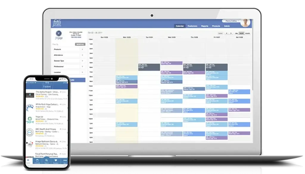Fitli scheduling dashboard on laptop and mobile showing class and booking calendar.