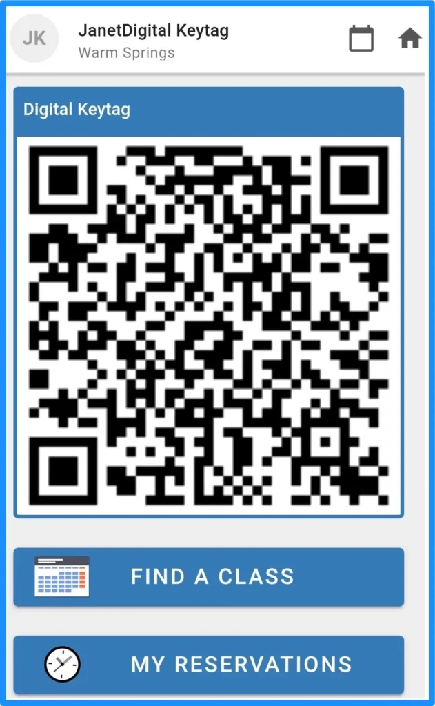 Gym Insight mobile check-in image showing digital keytag and class options