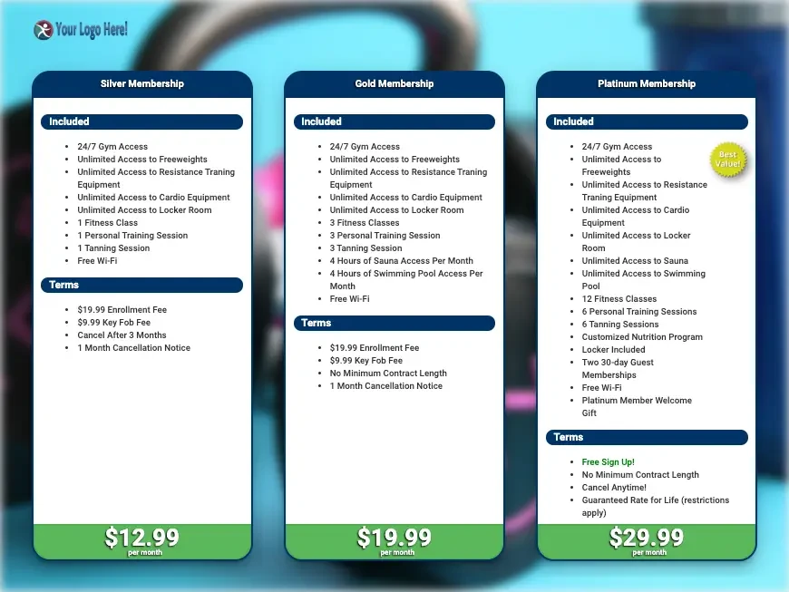 gym insight pricing table image showing monthly membership options