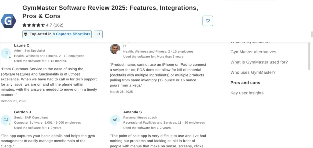 GymMaster Capterra reviews showing user ratings, feedback, and software experience.
